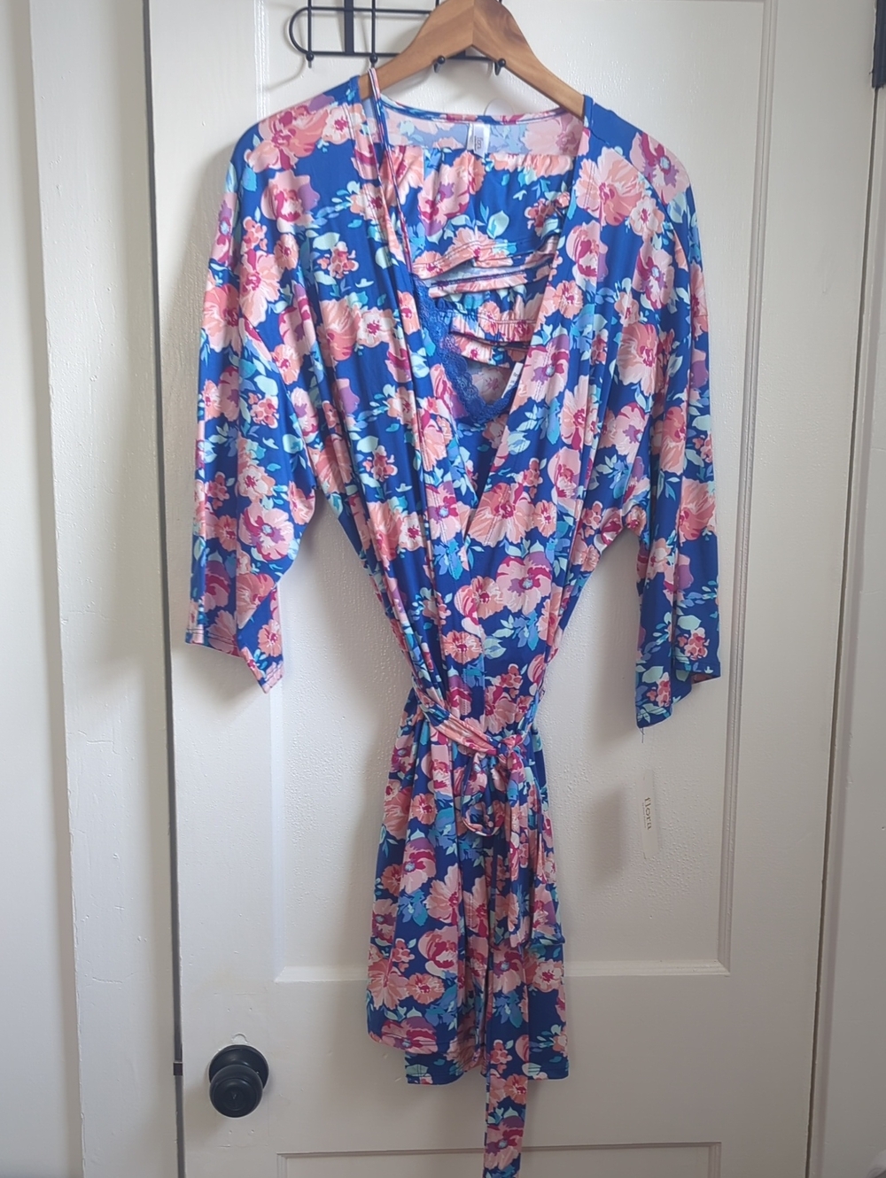 Flora Nikrooz Blue Floral Robe with Pink Blossom Print -3-PC Travel Set NWT Sz L